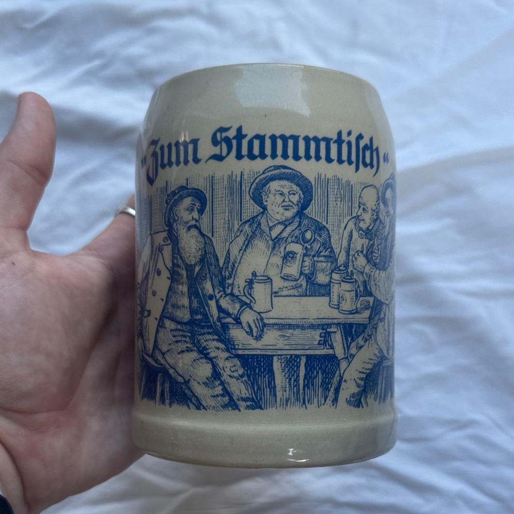 Vintage German Stoneware Beer Stein with Blue Tavern Illustration Bierkrug